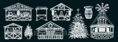 Christmas market design elements. Hand drawn vector illustration. Traditional winter holiday marketplace on chalkboard. Wooden stall kiosk, Christmas tree, candy shop, bakery, mulled wine sketches